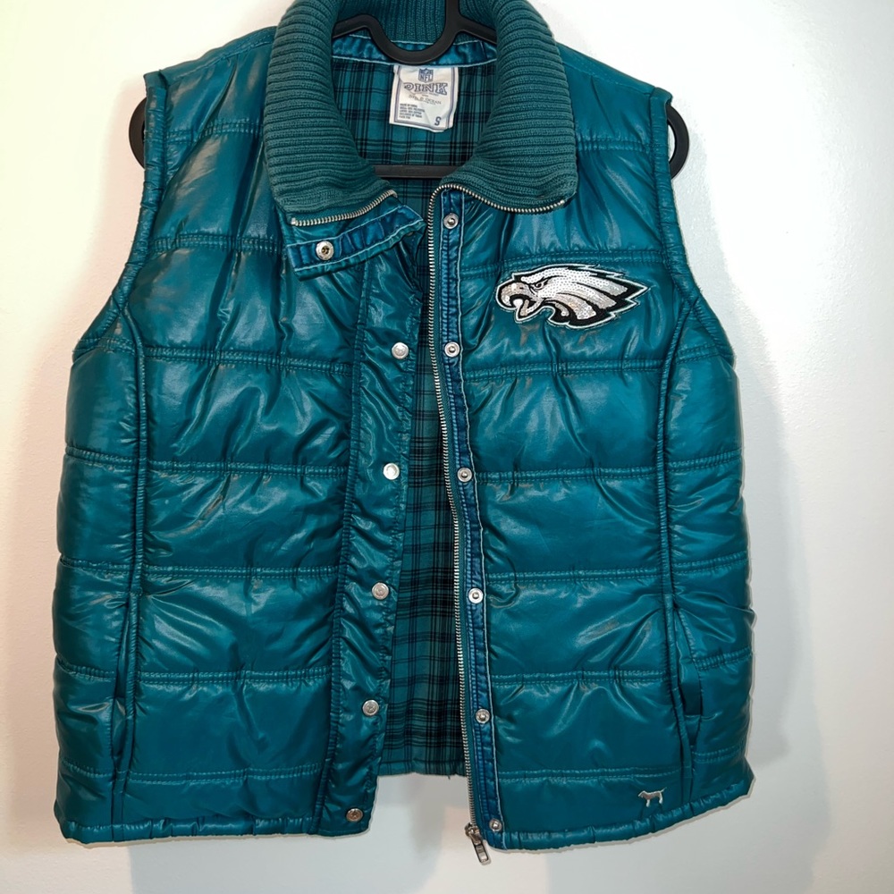 PINK Victoria's Secret Teal Quilted Puffer Vest with Eagles Patch - Picture 5 of 7